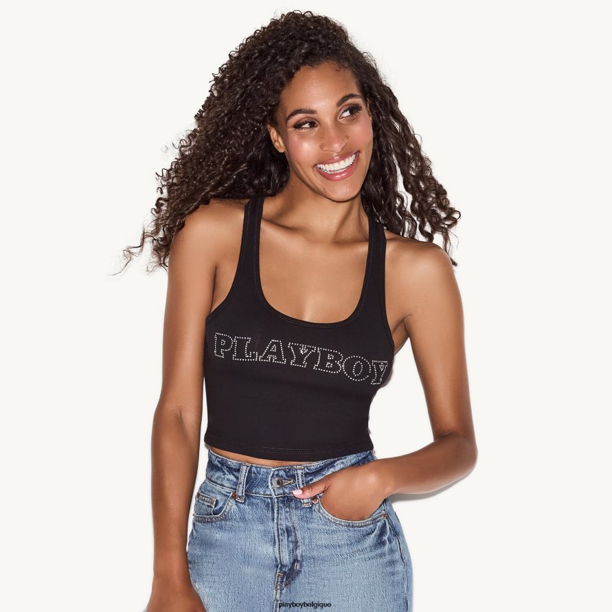 débardeur à dos nageur avec tête de mât en strass Playboy vêtements noir femmes 224ZVZ979
