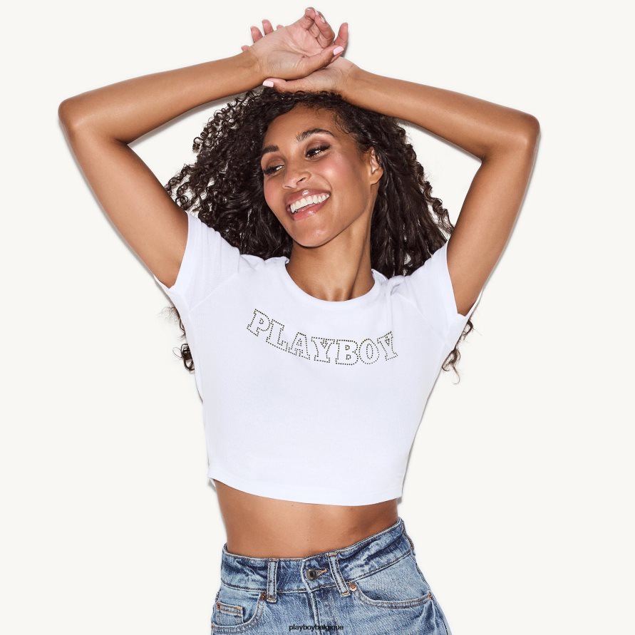 t-shirt classique pour bébé à tête de mât en strass Playboy vêtements blanc femmes 224ZVZ954