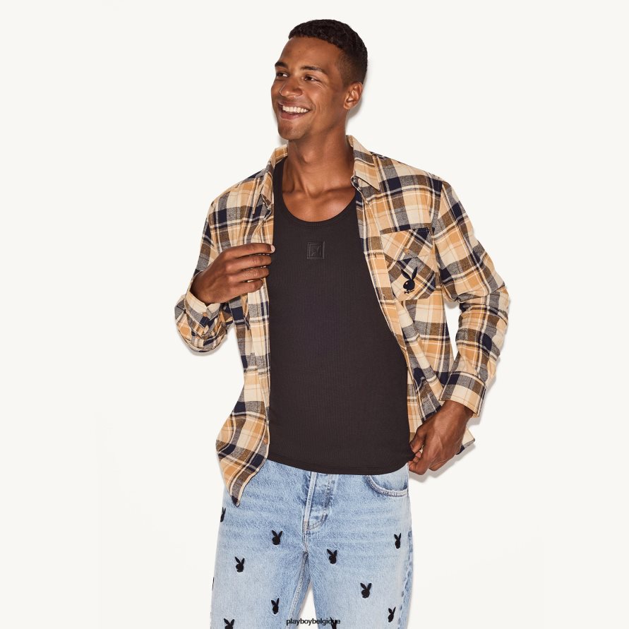 chemise à manches longues en flanelle Playboy vêtements carreaux beiges Hommes 224ZVZ311