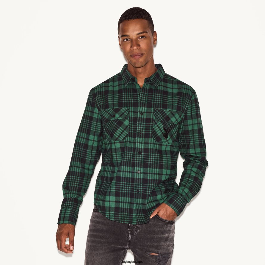 chemise à manches longues en flanelle Playboy vêtements plaid vert Hommes 224ZVZ313