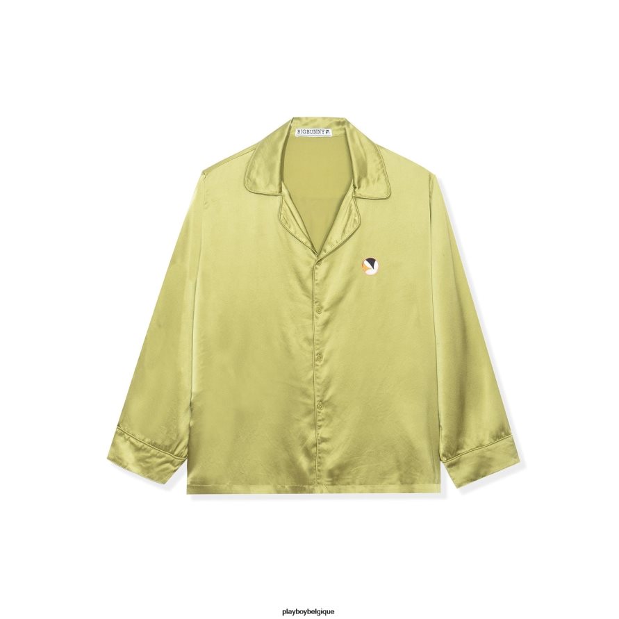 haut à col boutonné en soie Playboy vêtements olive Hommes 224ZVZ270