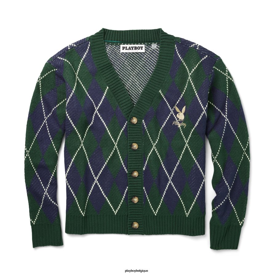cardigan à losanges vintage Playboy vêtements vert bleu Hommes 224ZVZ509